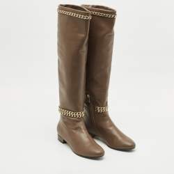 Le Silla Brown Leather Chain Detail Knee High Boots Size 37.5