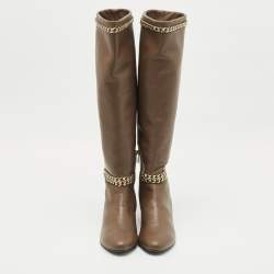Le Silla Brown Leather Chain Detail Knee High Boots Size 37.5