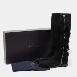 Le Silla Black Suede Fringe Trim Knee Length Boots Size 37.5