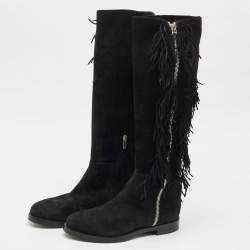 Le Silla Black Suede Fringe Trim Knee Length Boots Size 37.5