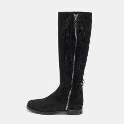 Le Silla Black Suede Fringe Trim Knee Length Boots Size 37.5