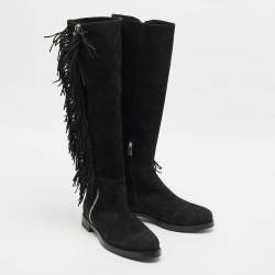 Le Silla Black Suede Fringe Trim Knee Length Boots Size 37.5