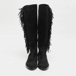 Le Silla Black Suede Fringe Trim Knee Length Boots Size 37.5