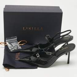 Pre Owned Le Silla Black Croc Embossed Patent Leather  Bella Slingback Pumps Size 38