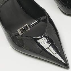 Pre Owned Le Silla Black Croc Embossed Patent Leather  Bella Slingback Pumps Size 38