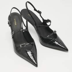 Pre Owned Le Silla Black Croc Embossed Patent Leather  Bella Slingback Pumps Size 38