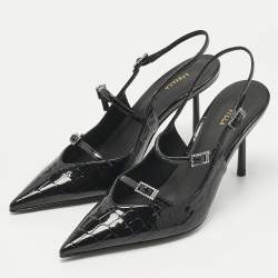 Pre Owned Le Silla Black Croc Embossed Patent Leather  Bella Slingback Pumps Size 38