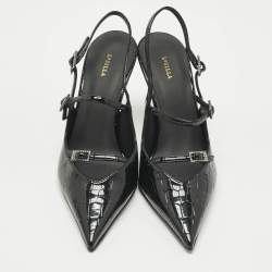 Pre Owned Le Silla Black Croc Embossed Patent Leather  Bella Slingback Pumps Size 38