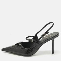 Pre Owned Le Silla Black Croc Embossed Patent Leather  Bella Slingback Pumps Size 38