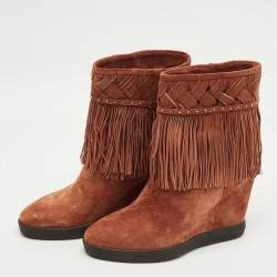 Pre Owned Le Silla Brown Suede Fringe Wedge Ankle Length Boots Size 36