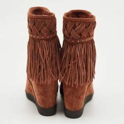 Pre Owned Le Silla Brown Suede Fringe Wedge Ankle Length Boots Size 36