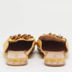 Pre Owned Le Silla Yellow Croc Embossed Patent Leather Crystal Embellished Chain Flat Mules Size 37