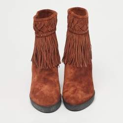 Pre Owned Le Silla Brown Suede Fringe Wedge Ankle Boots Size 37.5