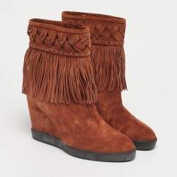 Pre Owned Le Silla Brown Suede Fringe Wedge Ankle Boots Size 37.5