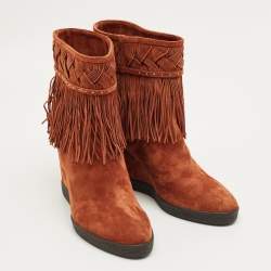 Pre Owned Le Silla Brown Suede Fringe Wedge Ankle Boots Size 38