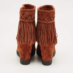 Pre Owned Le Silla Brown Suede Fringe Wedge Ankle Boots Size 38