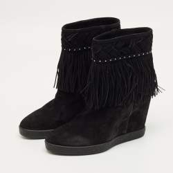 Pre Owned Le Silla Black Suede Fringe Wedge Ankle Boots Size 37