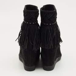 Pre Owned Le Silla Black Suede Fringe Wedge Ankle Boots Size 37