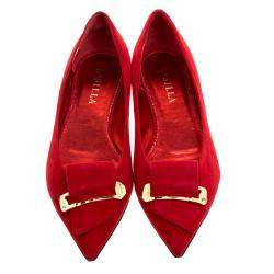Le Silla Red Suede Safety Pin Brooch Pointed Toe Ballet Flats Size 38