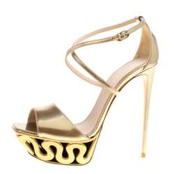 Pre Owned Le Silla Metallic Gold Leather Venus Cross Strap Platform Sandals Size 38.5