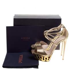 Pre Owned Le Silla Metallic Gold Leather Venus Cross Strap Platform Sandals Size 38.5