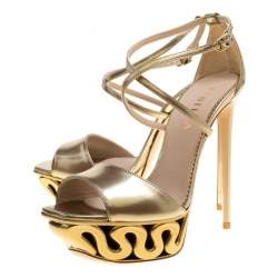 Le Silla Metallic Gold Leather Venus Cross Strap Platform Sandals Size 40