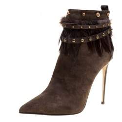 Le Silla Brown Suede Feather Trimmed Pointed Toe Ankle Boots Size 41