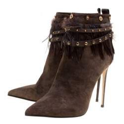 Le Silla Brown Suede Feather Trimmed Pointed Toe Ankle Boots Size 41