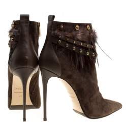 Le Silla Brown Suede Feather Trimmed Pointed Toe Ankle Boots Size 41