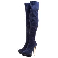 Pre Owned Le Silla Navy Blue Stretch Velour Knee High Pointed Toe Boots Size 40