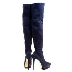 Pre Owned Le Silla Navy Blue Stretch Velour Knee High Pointed Toe Boots Size 40