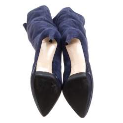 Pre Owned Le Silla Navy Blue Stretch Velour Knee High Pointed Toe Boots Size 40