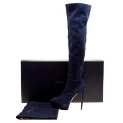 Pre Owned Le Silla Navy Blue Stretch Velour Knee High Pointed Toe Boots Size 40