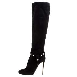 Pre Owned Enio Silla For Le Silla Black Suede Crystal Embellished Pyramid Studs Knee Length Boots Size 40