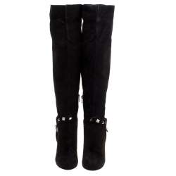 Pre Owned Enio Silla For Le Silla Black Suede Crystal Embellished Pyramid Studs Knee Length Boots Size 40