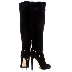 Pre Owned Enio Silla For Le Silla Black Suede Crystal Embellished Pyramid Studs Knee Length Boots Size 40