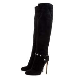 Pre Owned Enio Silla For Le Silla Black Suede Crystal Embellished Pyramid Studs Knee Length Boots Size 40