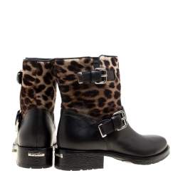 Pre Owned Le Silla Black Leather And Leopard Print Pony Hair Ankle Boots Size 40