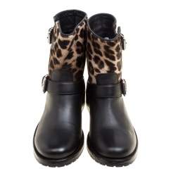 Pre Owned Le Silla Black Leather And Leopard Print Pony Hair Ankle Boots Size 40