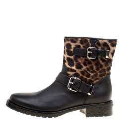 Pre Owned Le Silla Black Leather And Leopard Print Pony Hair Ankle Boots Size 40