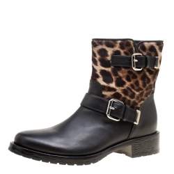 Pre Owned Le Silla Black Leather And Leopard Print Pony Hair Ankle Boots Size 40