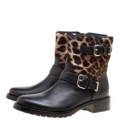 Pre Owned Le Silla Black Leather And Leopard Print Pony Hair Ankle Boots Size 40