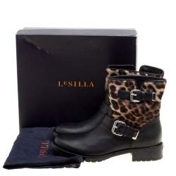 Pre Owned Le Silla Black Leather And Leopard Print Pony Hair Ankle Boots Size 40