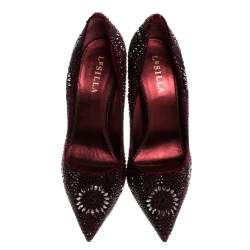 Le Silla Burgundy Crystal Embellished Velvet Pointed Toe Pumps Size 41