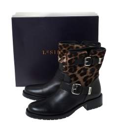 Pre Owned Le Silla Black Leather And Leopard Print Pony Hair Ankle Boots Size 39