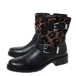 Pre Owned Le Silla Black Leather And Leopard Print Pony Hair Ankle Boots Size 39