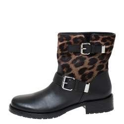 Pre Owned Le Silla Black Leather And Leopard Print Pony Hair Ankle Boots Size 39