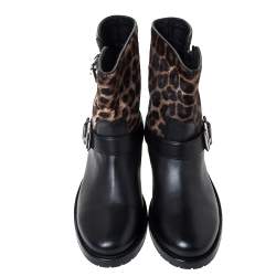 Pre Owned Le Silla Black Leather And Leopard Print Pony Hair Ankle Boots Size 39