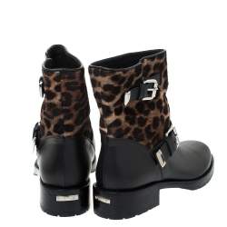 Pre Owned Le Silla Black Leather And Leopard Print Pony Hair Ankle Boots Size 39