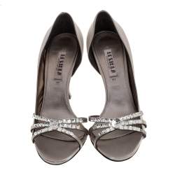 Pre Owned Le Silla Grey Satin Crystal Embellished Strappy Sandals Size 38